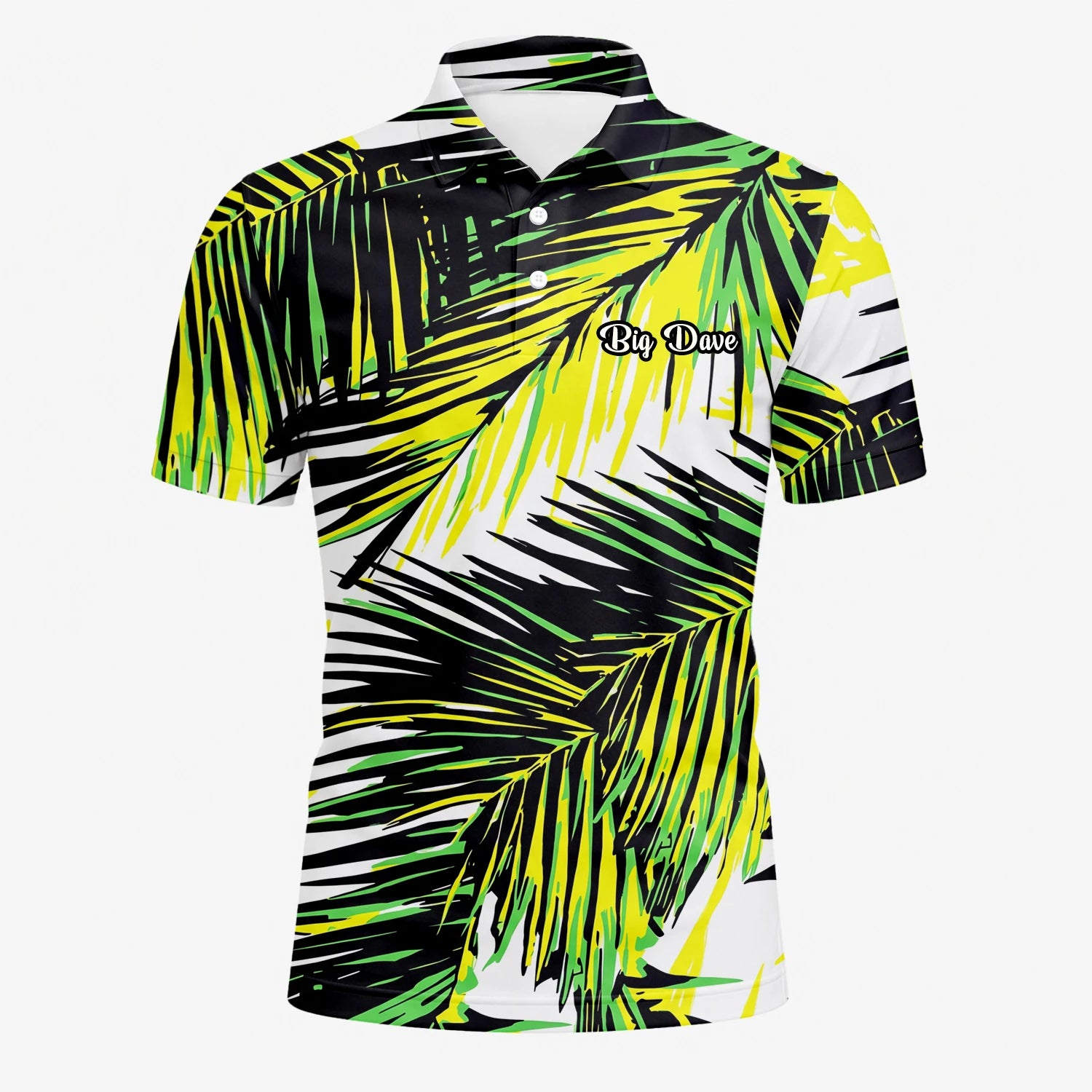 Personalisiertes Golf Poloshirt Schwarz Limettengrünes Tropisches Palmenblätter Design für Herren R3070