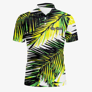 Personalisiertes Golf Poloshirt Schwarz Limettengrünes Tropisches Palmenblätter Design für Herren R3070