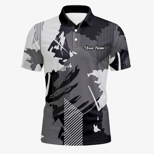 Personalisiertes Golf Poloshirt Grau Schwarzes Abstraktes Pinselstreifen Design für Herren I7293