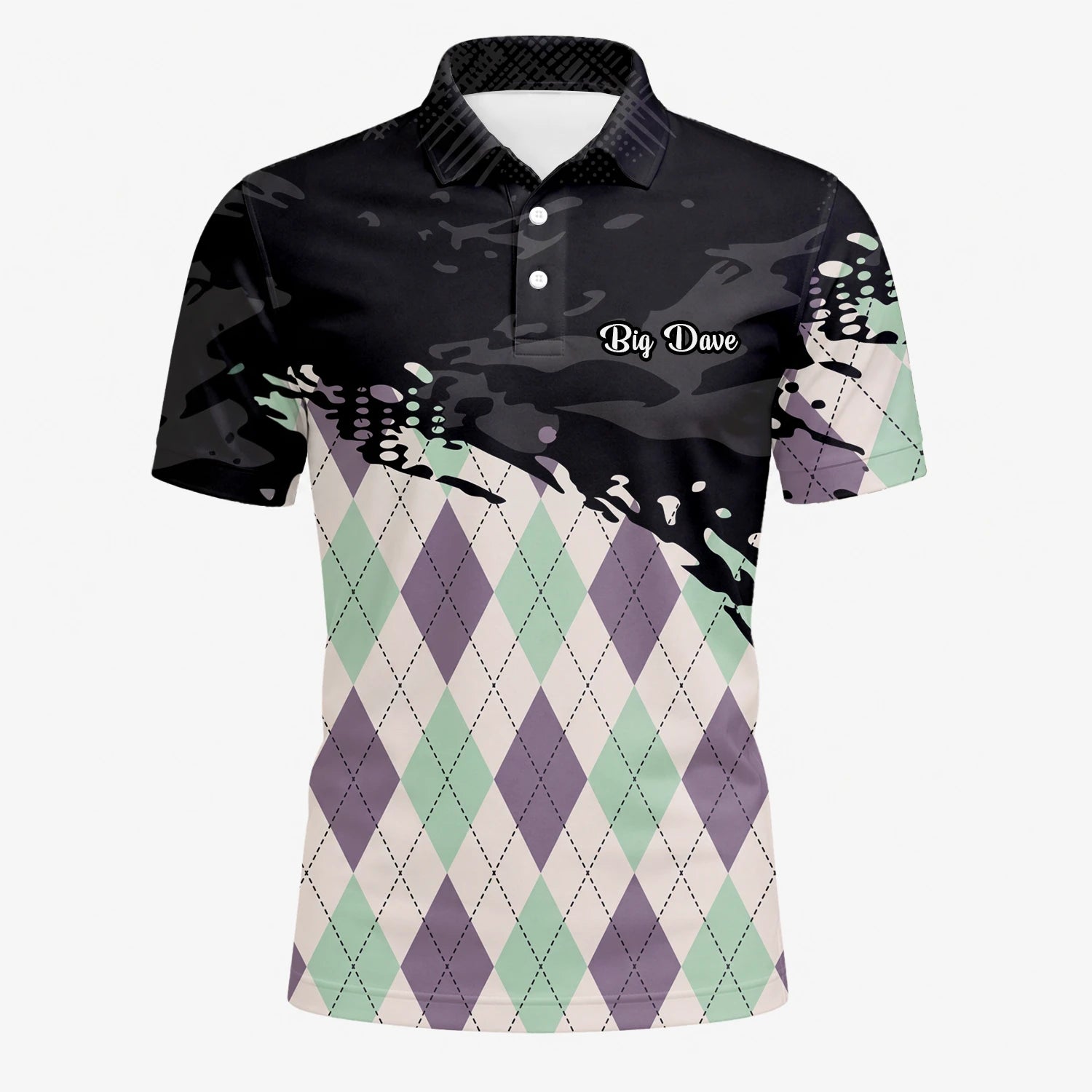 Personalisiertes Golf Poloshirt Schwarz Mint Lila Rauten Farbklecks Design für Herren C5124