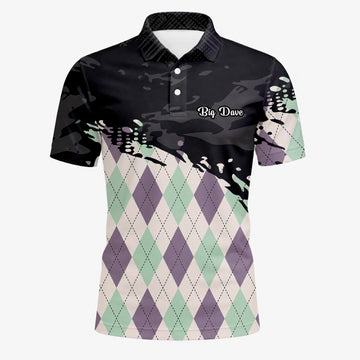 Personalisiertes Golf Poloshirt Schwarz Mint Lila Rauten Farbklecks Design für Herren C5124