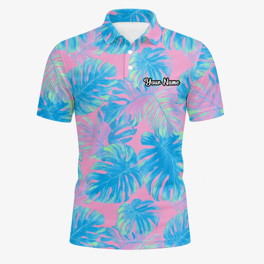 Personalisiertes Golf Poloshirt Rosa Türkis Tropisches Monstera Blätter Design für Herren C8385