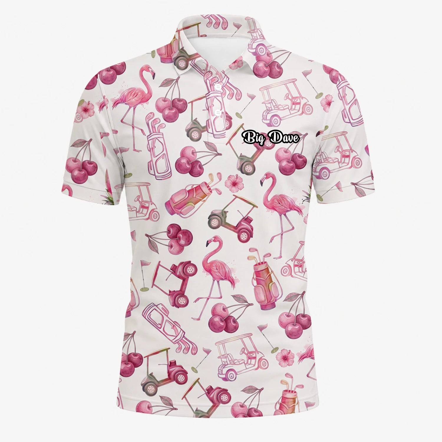 Personalisiertes Golf Poloshirt Creme Rosa Flamingo Golfcart Cocktail Design für Herren T9296