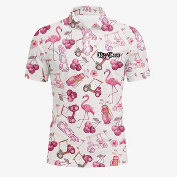 Personalisiertes Golf Poloshirt Creme Rosa Flamingo Golfcart Cocktail Design für Herren T9296