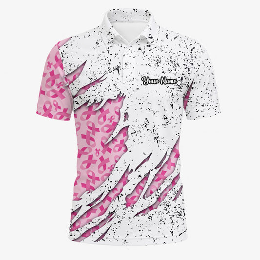 Personalisiertes Golf Poloshirt Weiß Rosa Brustkrebs Schleifen Zerrissenes Design für Herren B7190