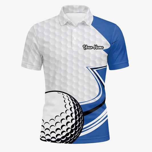 Personalisiertes Golf Poloshirt Weiß Blaues Golfball Waben Design für Herren S7973