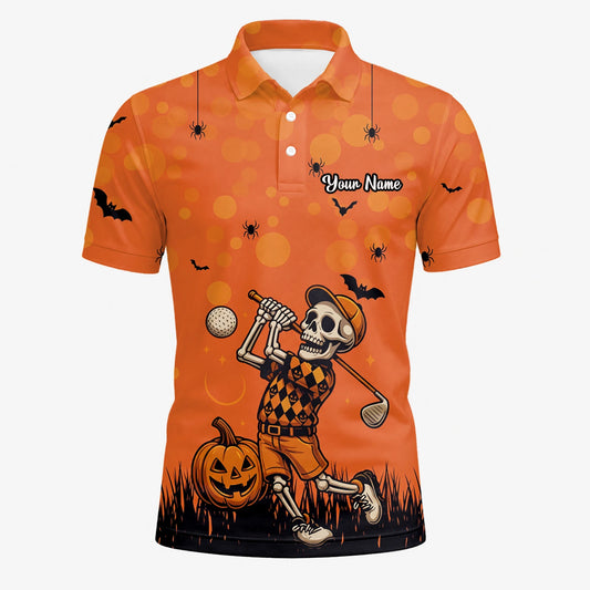 Personalisiertes Golf Poloshirt Orange Halloween Skelett Golfer Design für Herren D3851