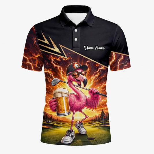 Personalisiertes Golf Poloshirt Schwarz Orange Flamingo Bier Golfer Blitz Design für Herren E3673