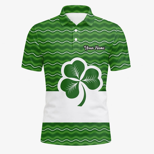 Personalisiertes Golf Poloshirt Grünes Kleeblatt Wellen Design für Herren I6128