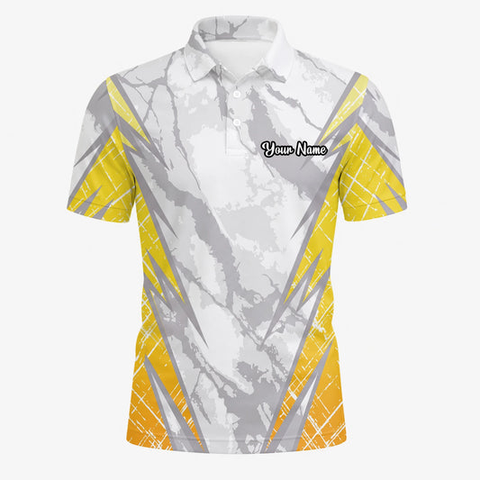 Personalisiertes Golf Poloshirt Weiß Grau Gelbes Marmor Streifen Design für Herren T6326