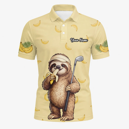 Personalisiertes Golf Poloshirt Hellgelbes Faultier Banane Golfer Cartoon Design für Herren G3327