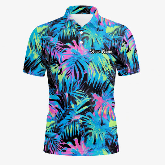Personalisiertes Golf Poloshirt Schwarz Neon Tropisches Blätter Design für Herren D2207