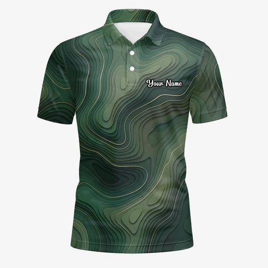 Personalisiertes Golf Poloshirt Grünes Topografisches Konturlinien Design für Herren H2497