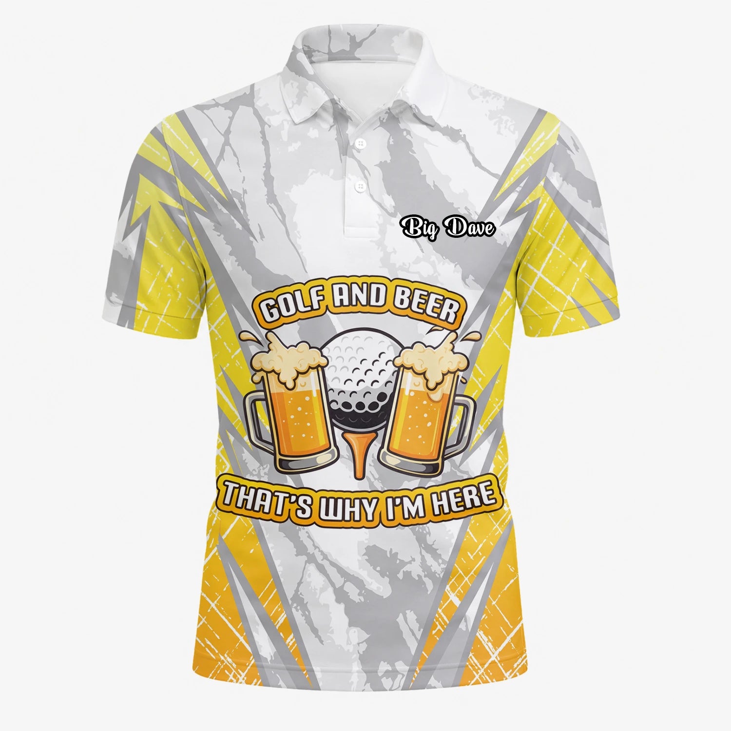 Personalisiertes Golf Poloshirt Grau Gelbes Golf und Bier Spruch Design für Herren P2319