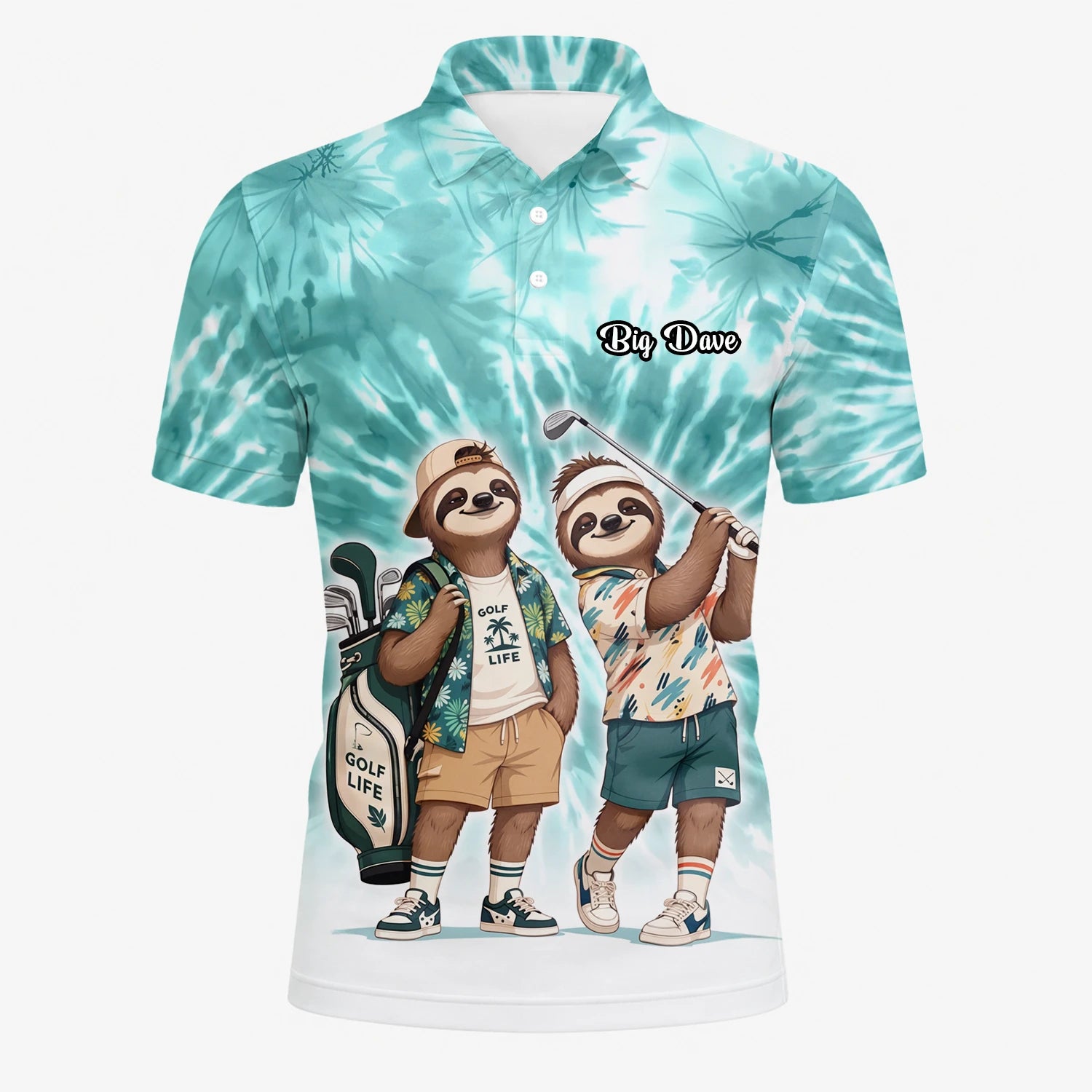 Personalisiertes Golf Poloshirt Türkis Faultier Golfer Cartoon Design für Herren C1614