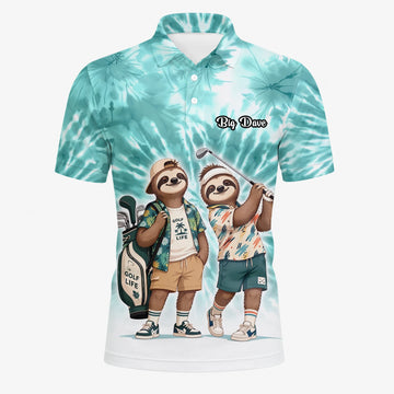 Personalisiertes Golf Poloshirt Türkis Faultier Golfer Cartoon Design für Herren C1614
