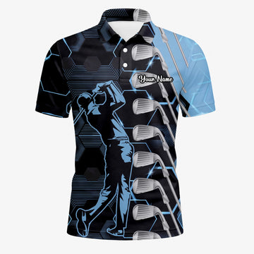Personalisiertes Golf Poloshirt in Schwarz-Blau mit Golfer- und Golfschläger-Grafik für Herren J5818