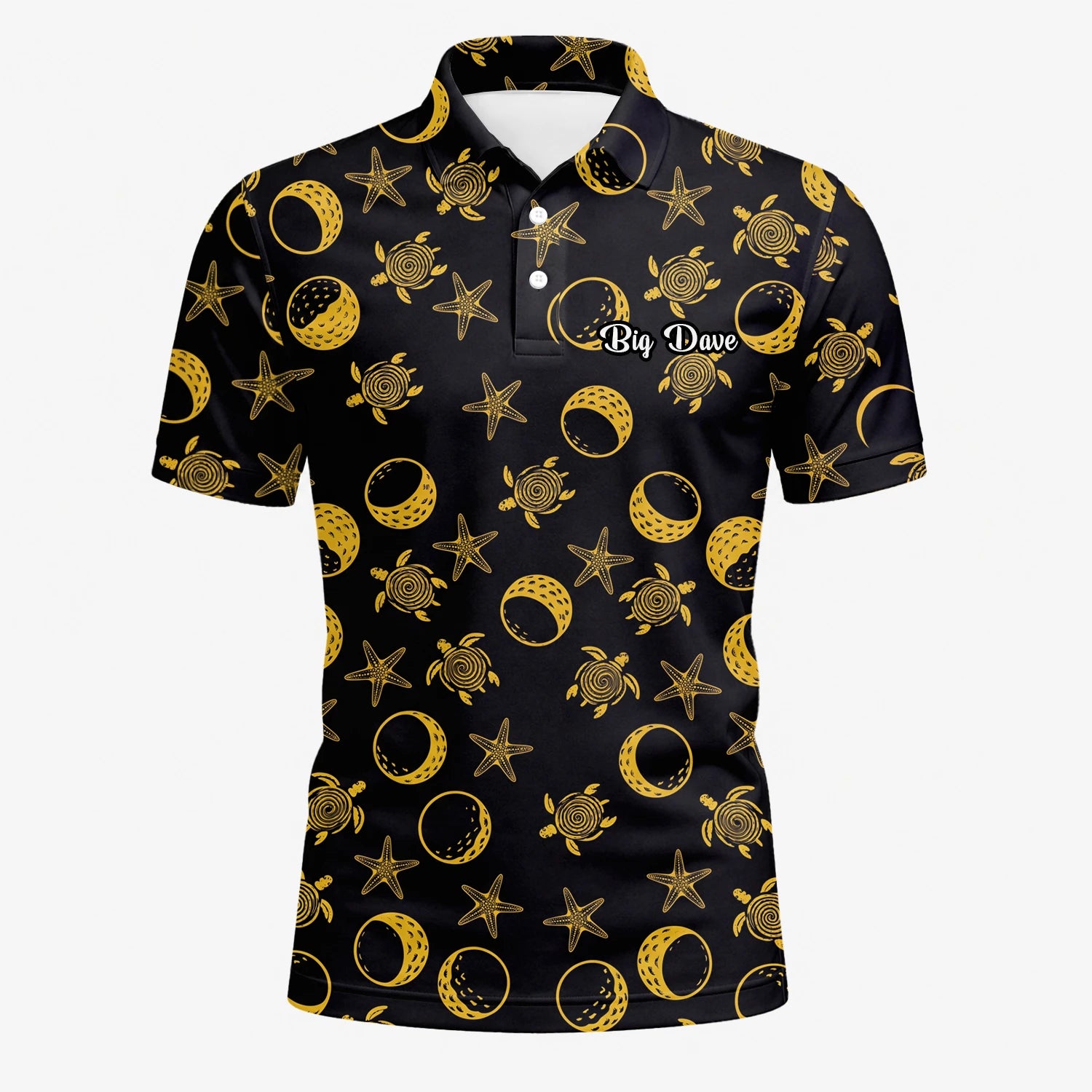 Personalisiertes Golf Poloshirt Schwarz Goldenes Meeresschildkröten Mond Stern Design für Herren V4483