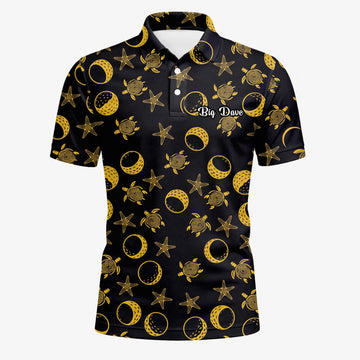 Personalisiertes Golf Poloshirt Schwarz Goldenes Meeresschildkröten Mond Stern Design für Herren V4483