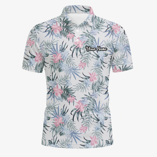 Personalisiertes Golf Poloshirt Weiß Rosa Tropisches Blumen Blätter Design für Herren C1037