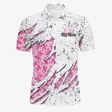 Personalisiertes Golf Poloshirt Weiß Rosa Brustkrebs Schleifen Zerrissenes Design für Herren B7190