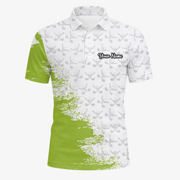 Personalisiertes Golf Poloshirt in Weiß-Limettengrün mit Golfschläger-Muster und Farbklecks für Herren H4508