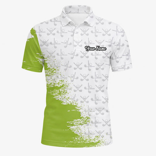 Personalisiertes Golf Poloshirt in Weiß-Limettengrün mit Golfschläger-Muster und Farbklecks für Herren H4508