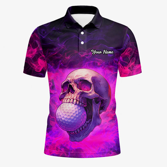 Personalisiertes Golf Poloshirt Lila Rosa Totenkopf Golfball Smoke Design für Herren L7637