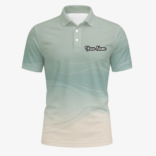 Personalisiertes Golf Poloshirt Salbeigrün Beiges Abstraktes Wellen Design für Herren X8036