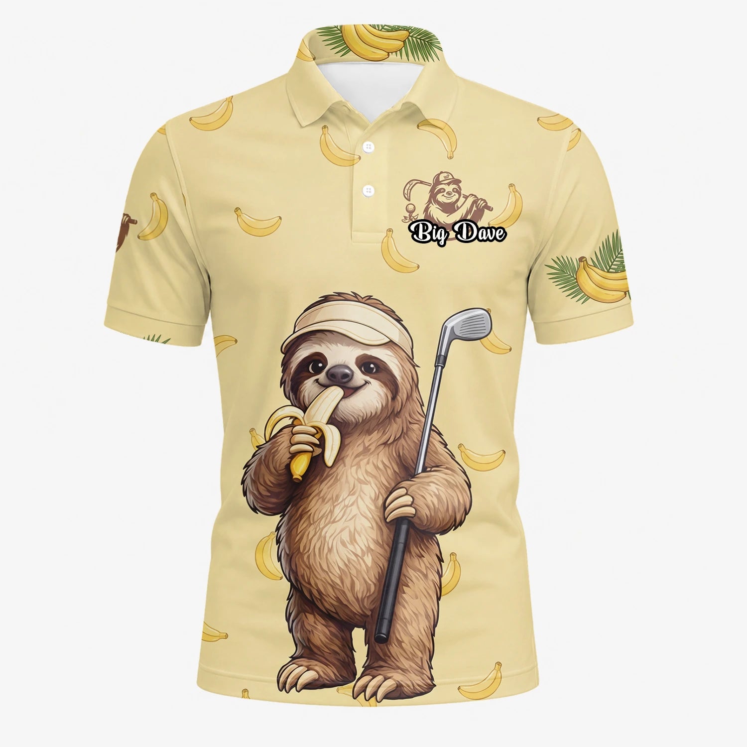 Personalisiertes Golf Poloshirt Hellgelbes Faultier Banane Golfer Cartoon Design für Herren G3327