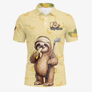 Personalisiertes Golf Poloshirt Hellgelbes Faultier Banane Golfer Cartoon Design für Herren G3327