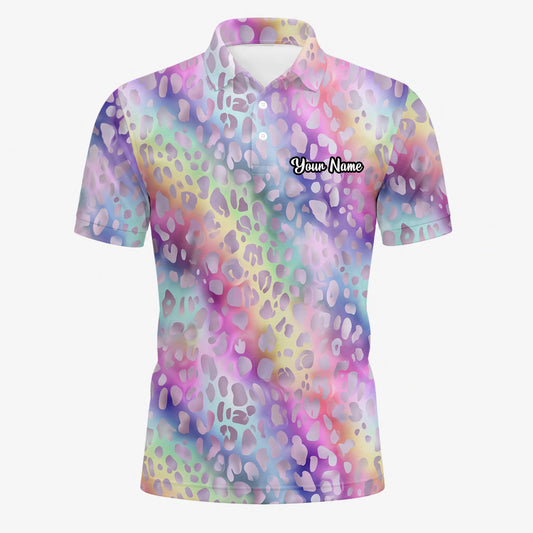 Personalisiertes Golf Poloshirt Pastell Regenbogen Leo Print Design für Herren E5373
