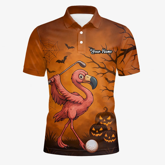 Personalisiertes Golf Poloshirt Orange Halloween Flamingo Golfer Kürbis Design für Herren V7072