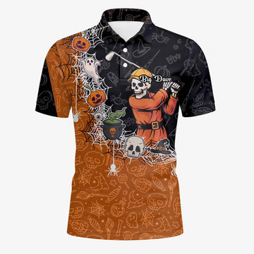Personalisiertes Golf Poloshirt Schwarz Orange Halloween Skelett Golfer Spinnennetz Design für Herren Y5076