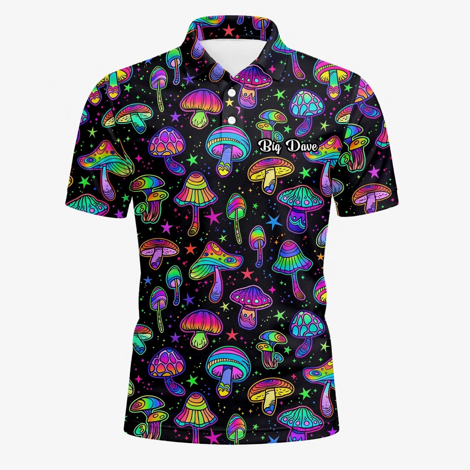 Personalisiertes Golf Poloshirt Schwarz Neon Pilz Psychedelisches Design für Herren L0182