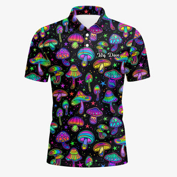 Personalisiertes Golf Poloshirt Schwarz Neon Pilz Psychedelisches Design für Herren L0182