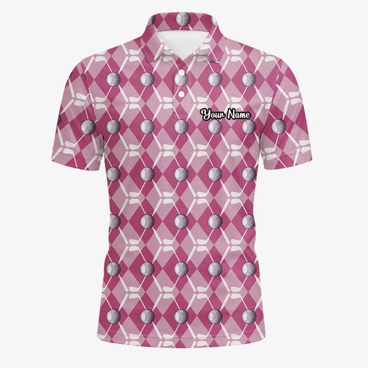 Personalisiertes Golf Poloshirt Rosa Rauten Golfball Design für Herren X0000