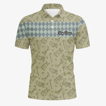 Personalisiertes Golf Poloshirt Khaki Golfschläger Skizzen Rauten Design für Herren K5983