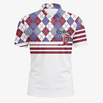 Personalisiertes Golf Poloshirt Weiß Bordeaux Rauten Golfschläger Streifen Design für Herren K9019
