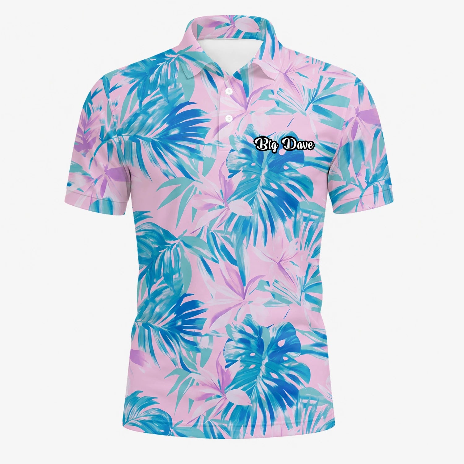 Personalisiertes Golf Poloshirt Rosa Blaues Tropisches Blätter Design für Herren K0497