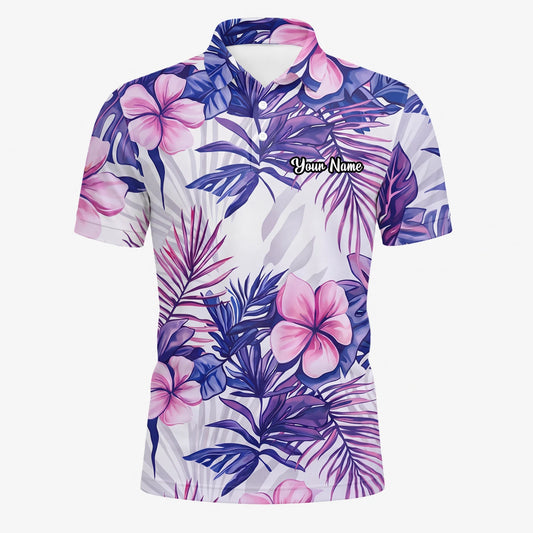 Personalisiertes Golf Poloshirt Weiß Lila Tropisches Hibiskus Blätter Design für Herren H1054