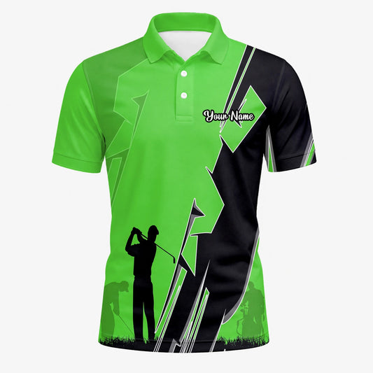 Personalisiertes Golf Poloshirt Limettengrünes Golfer Silhouetten Blitz Design für Herren V5316