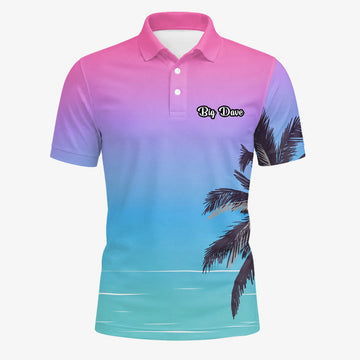 Personalisiertes Golf Poloshirt Rosa Blaues Palmen Strand Sonnenuntergang Design für Herren Q3519