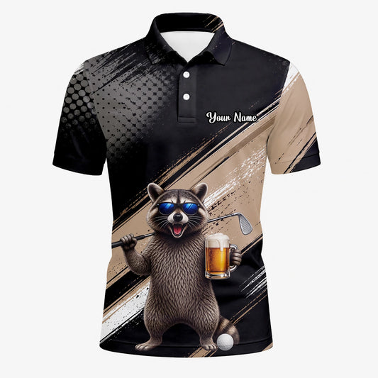 Personalisiertes Golf Poloshirt Schwarz Beiges Waschbär Bier Golfer Cartoon Design für Herren K7921