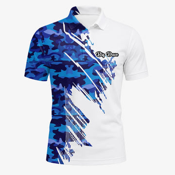 Personalisiertes Golf Poloshirt Weiß Blaues Camo Pinselstrich Design für Herren M3845