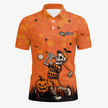 Personalisiertes Golf Poloshirt Orange Halloween Skelett Golfer Design für Herren D3851