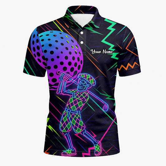 Personalisiertes Golf Poloshirt Schwarz Neon Golfer Wireframe Design für Herren L1481