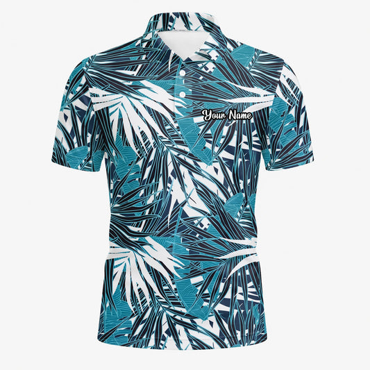 Personalisiertes Golf Poloshirt Türkis Schwarz Weißes Palmenblätter Design für Herren S8543