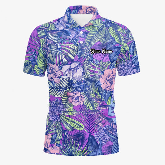 Personalisiertes Golf Poloshirt Lila Blaues Tropisches Blumen Blätter Design für Herren B8037