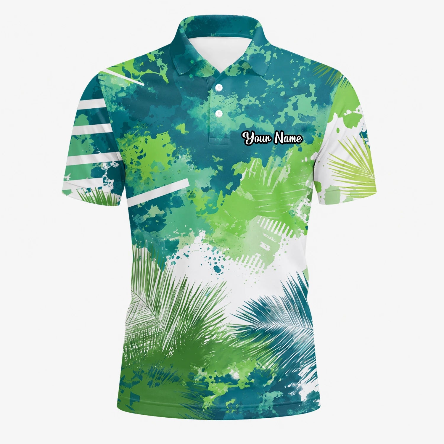 Personalisiertes Golf Poloshirt Grün Blaues Tropisches Blätter Farbklecks Design für Herren B7869